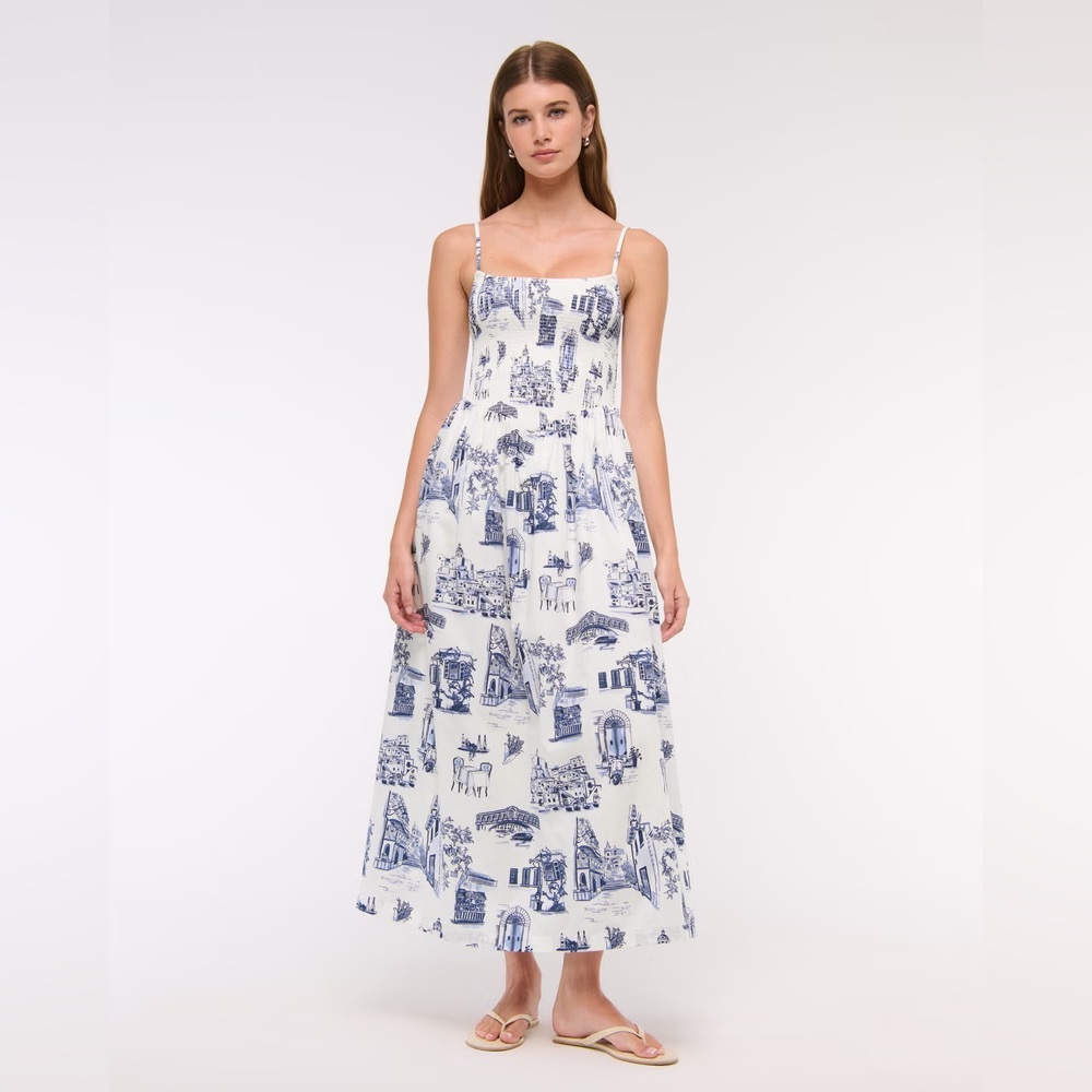 Abercrombie Dipped-Waist Smocked Midi Dress Blue Print Blue & White Toile Print